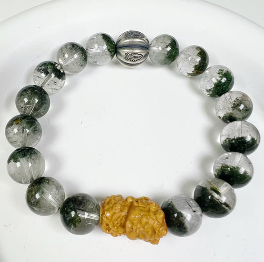 Natural Green Phantom and Sterling silver accessories with Wooden Bead Bracelet