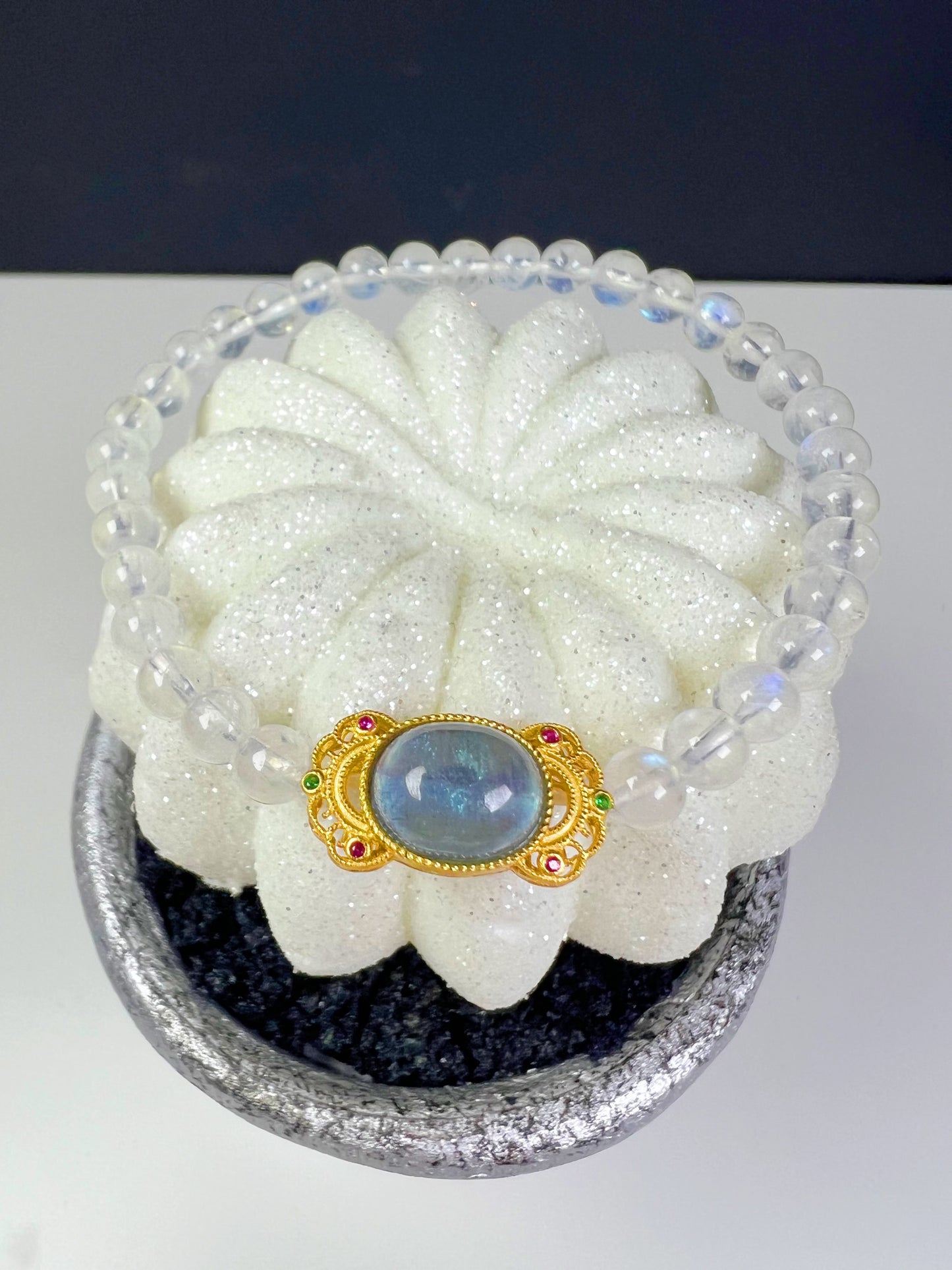Natural Blue Moonstone and Aquamarine with Sterling silver accessories Bracelet