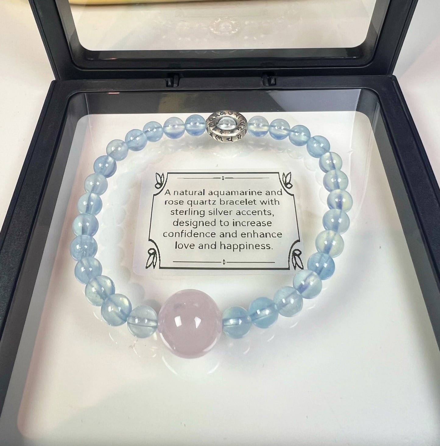 Natural Aquamarine and Rose Quartz Bracelet with Sterling Silver accents