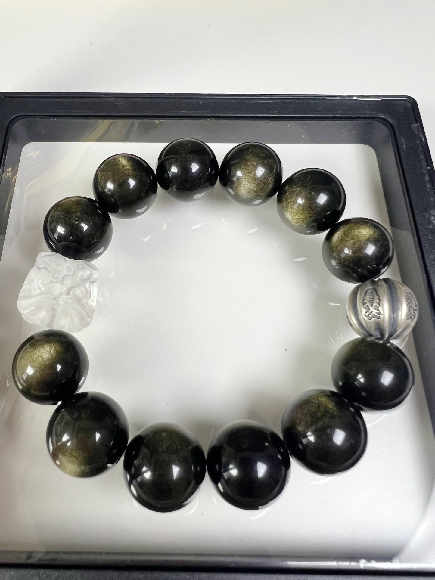 Natural Golden Obsidian, lion-shaped Clear Quartz , and sterling silver accessories Bracelet.