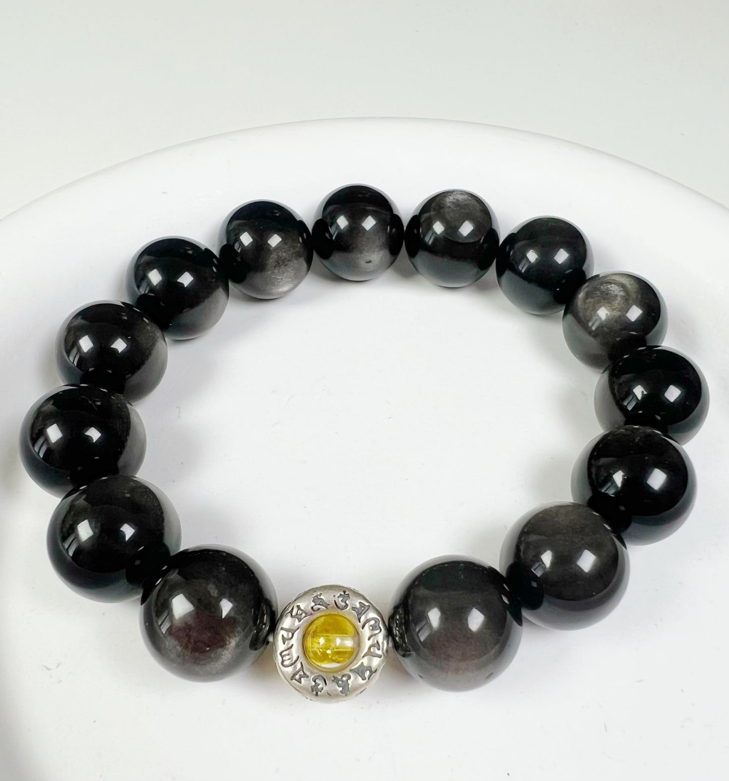 Natural Silver Obsidian and Citrine Bracelet with Sterling Silver Accents